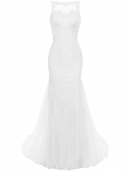 

White Backless Solid Lace Mesh Patchwork Wedding Mermaid Dress, Multicolor