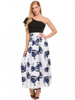 

Black One Shoulder Sleeveless Print Patchwork Ruffles Going Out Dress, Multicolor