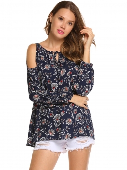 

Dark blue Floral Print Cold Shoulder O-Neck Loose Tops, Multicolor