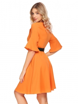 

Orange Women Lapel Flare Sleeve Solid Fit and Cocktail Party Dress w" Belt, Multicolor