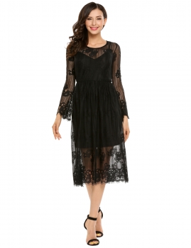 

Black O Neck Flare Long Sleeve Lace Dress With Lining, Multicolor