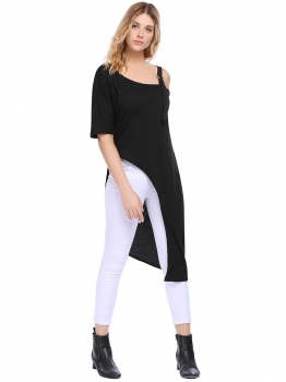 

Black Solid Oblique Collar Asymmetrical Hem Tops, Multicolor