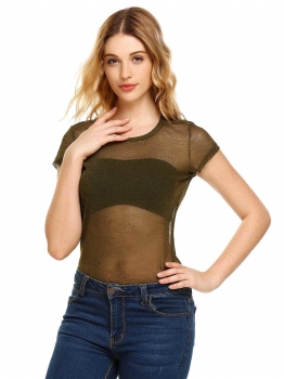 

Army green Solid Sheer Mesh O-Neck Short Sleeve Tops, Multicolor