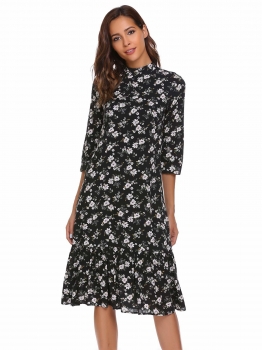 

Black 3"4 Sleeve Floral Print Ruffle Hem Dress, Multicolor