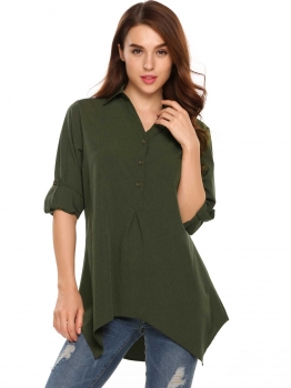 

Army green Long Sleeve Loose Solid V-Neck High-Low Asymmetrical Shirt, Multicolor