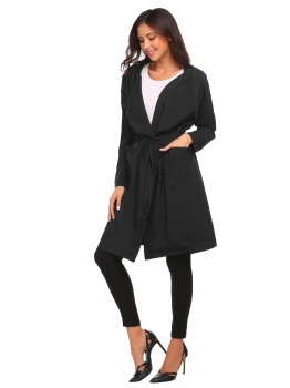 

Black Women Casual Trun Down Collar Hoodie Long Sleeve Solid Trench Coat, Multicolor