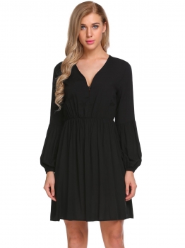 

Black V Neck Puff Sleeve Solid A-Line Dress, Multicolor