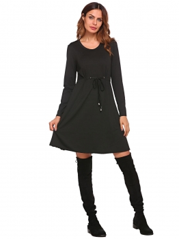 

Black Long Sleeve Drawstring Waist Solid Dress, Multicolor