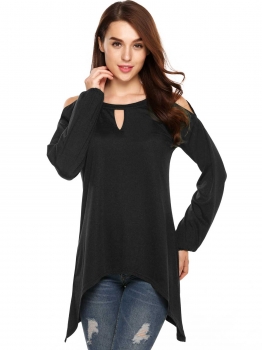 

Black Solid Loose Cold Shoulder Long Sleeve O Neck High-low Tops, Multicolor