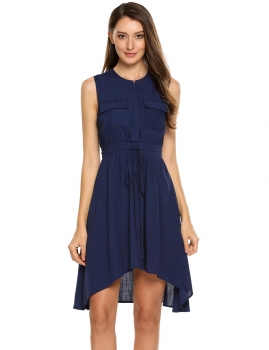 

Dark blue Solid Sleeveless Irregular Hem Drawstring Waist Dress, Multicolor