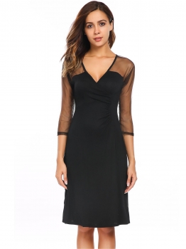 

Black 3"4 Sleeve Mesh Patchwork V Neck Ruched A-Line Dress, Multicolor