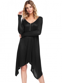 

Black Long Sleeve Solid Zipper V Neck Asymmetrical Dress, Multicolor