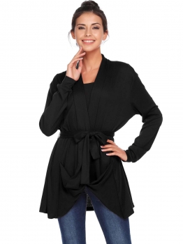 

Black Long Sleeve Asymmetric Solid Cardigan With Belt, Multicolor