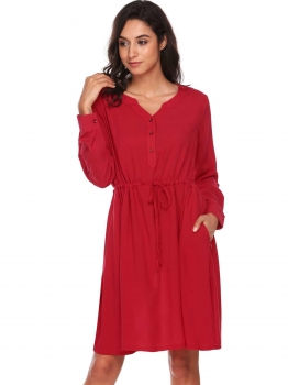 

Dark red Button Closure Long Sleeve Solid Drawstring Waist V Neck Loose Dress, Multicolor