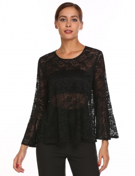 

Black O-Neck Flare Sleeve Lace Floral A-Line Sexy Blouse T-shirt Tops, Multicolor