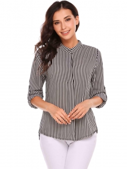 

White black Long Sleeve V Neck Striped Loose High-low Chiffon Shirt, Multicolor