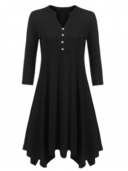 

Black 3"4 Sleeve Buttons Front Solid Irregular Loose Dress, Multicolor