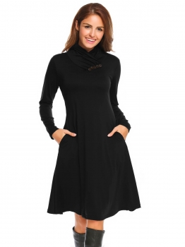 

Black Cowl Neck Long Sleeve Solid Slim Fit Flare Pocket Dress, Multicolor