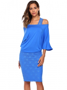 

Blue 3"4 Batwing Sleeve One Shoulder Lace Patchwork Pencil Dress, Multicolor