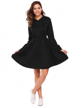 

Black Long Sleeve Solid Hoodie Dress with Pockets, Multicolor