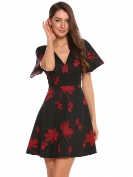 

Black V Neck Backless Floral Slim Mini Dress, Multicolor