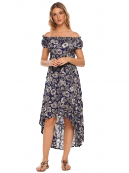 

Blue Off the Shoulder Cap Sleeve Floral Asymmetrical Ruffled Dress, Multicolor
