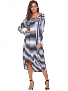 

Blue Long Sleeve Asymmetrical Hem Stripes Dress, Multicolor