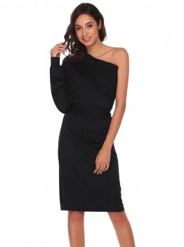

Black Cowl Neck"Off the Shoulder Multi Wearing Way Solid Party Dress, Multicolor