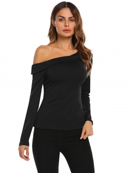 

Black Women Slash Neck Long Sleeve Solid Slim T-Shirt, Multicolor