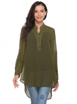 

Army green Notch Neck Roll Up Sleeve High Low Hem Loose Chiffon Blouse, Multicolor