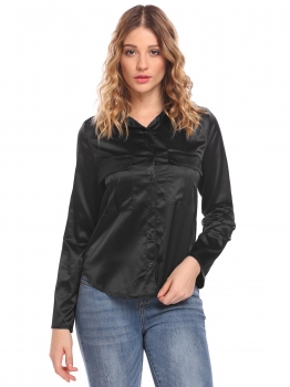 

Black Women Roll Up Sleeve Solid Casual Loose Button Down Shirt, Multicolor