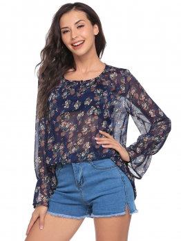 

Navy blue Flare Sleeve Floral Print Draped Summer Loose Blouse, Multicolor
