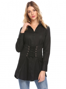 

Black Women Long Sleeve Casual Slim Fit Button Down Shirt w" Corset Waist Belt, Multicolor