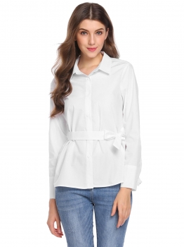 

White Long Sleeve Loose Fit Button Down Shirt with Belt, Multicolor