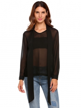 

Black Tie-bow Neck Long Sleeve Solid Chiffon Tops, Multicolor