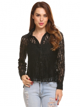 

Black Women Long Sleeve Sheer Floral Lace High Low Hem Button Down Shirt, Multicolor