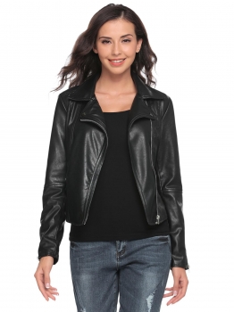 

Black Turn Down Collar Zip-Up Short Slim Fit Moto Biker Jacket, Multicolor