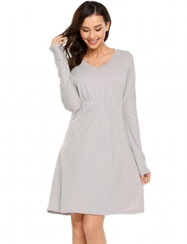 

Grey V Neck Raglan Long Sleeve Tunic Waist Solid Pleated Dress, Multicolor