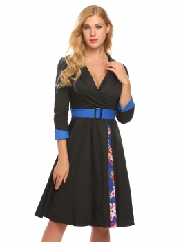 

Black Women Wrap Split V Neck 3"4 Sleeve Printed Patchwork Vintage Style Swing Casual Dress, Multicolor