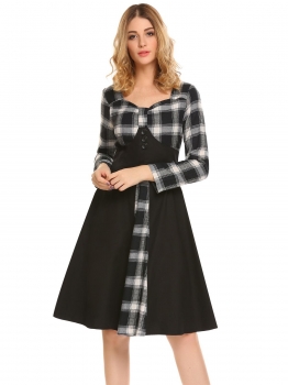 

Black Square Neck Long Sleeve Knee Length Plaids Contrast Color Patchwork A-line Casual Dress, Multicolor
