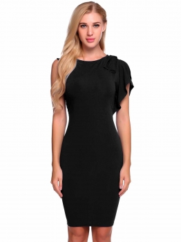 

Black One Sleeve Solid Bow O Neck Bodycon Dress, Multicolor
