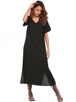 

Black Short Sleeve Loose Solid V Neck Side Split Dress, Multicolor