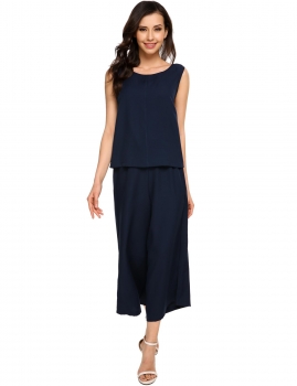 

Dark blue Solid Sleeveless Back V Blouse and Wide Leg Pants Set, Multicolor