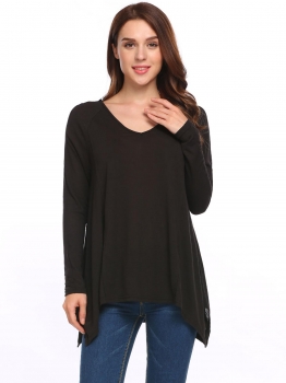 

Black Women Casual V-Neck Long Sleeve Solid Asymmetrical Hem Loose Sexy Blouse T-shirt Tops, Multicolor