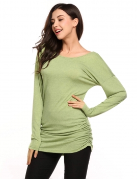 

Green Long Sleeve V Back Side Ruched Slim Solid Tunics, Multicolor