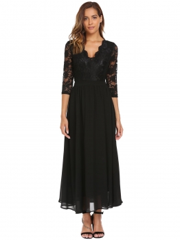 

Black V Neck Backless Lace Patchwork Maxi Dress, Multicolor