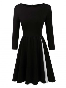 

Black O Neck Long Sleeve Patchwork A-Line Dress, Multicolor