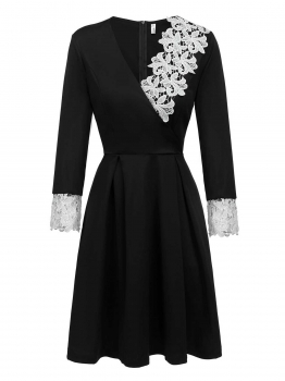 

Black V-Neck Long Sleeve Embroidery Floral Pleated A-Line Dress, Multicolor