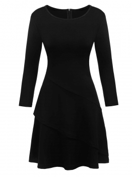 

Black O-Neck Long Sleeve Solid Ruffle Hem Dress, Multicolor