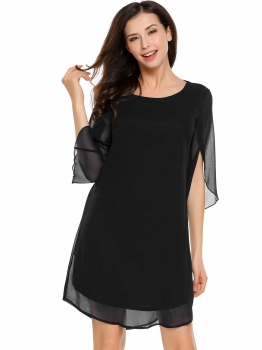

Black Petal Sleeve Front Cut Out Back Loose Dress, Multicolor